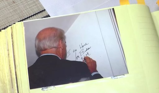On a visit in 2008, the Kearns asked Biden to sign the wall in the bedroom. He wrote, “I am home, Joe Biden, 9-1-08”.