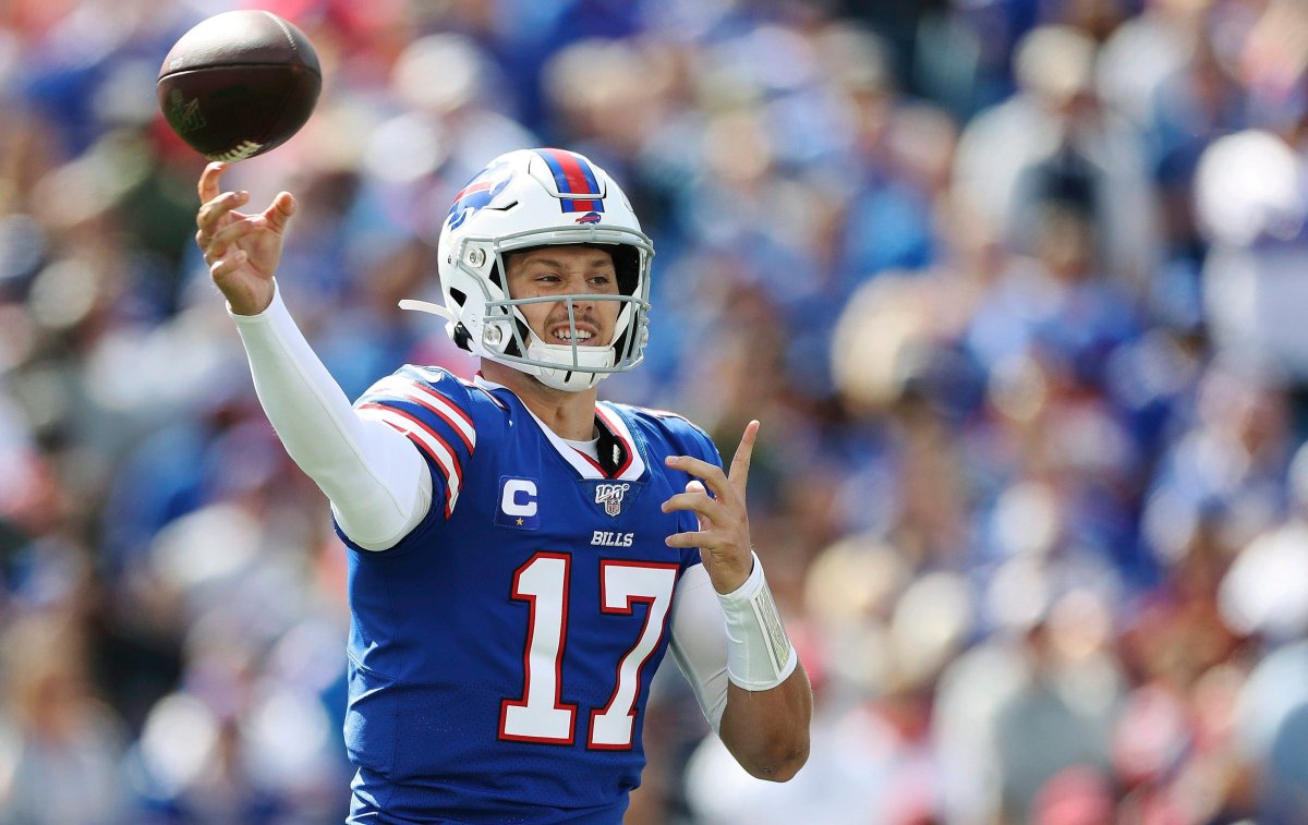 Buffalo Bills quarterback Josh Allen passes against the New England Patriots in the first half of an NFL football game, Sunday, Sept. 29, 2019, in Orchard Park, N.Y.