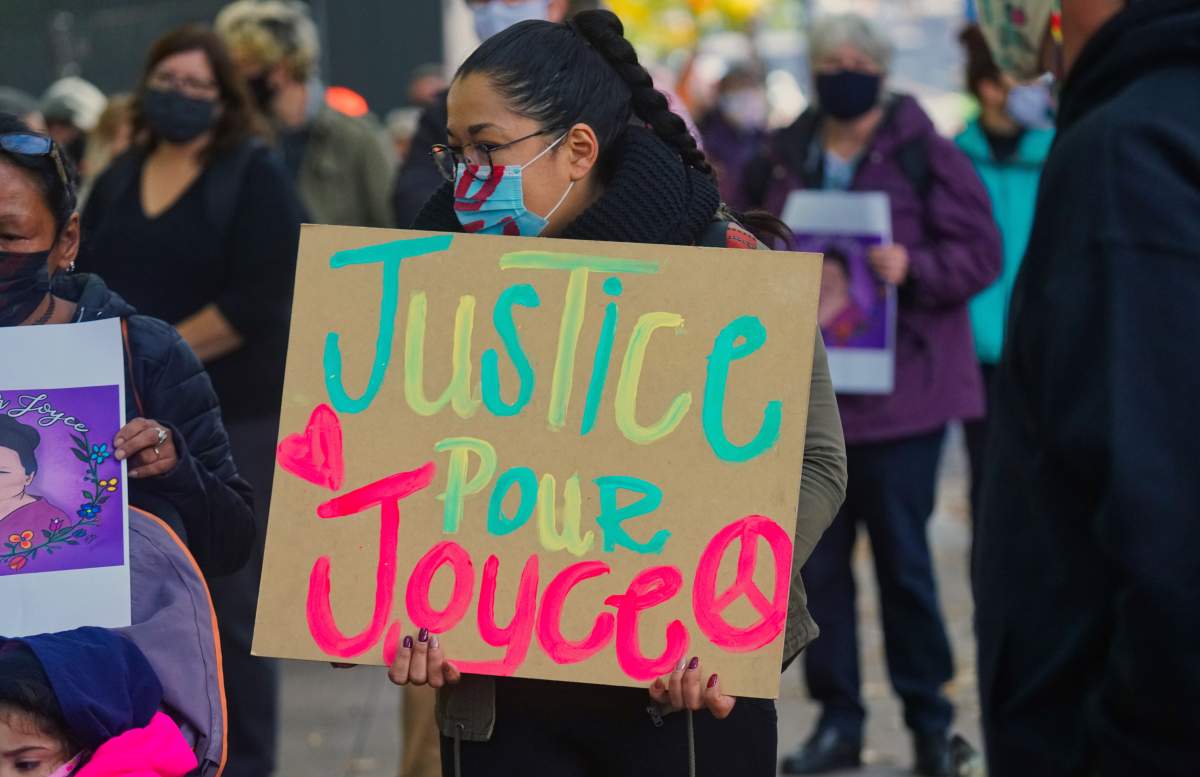 Protester waiting for the protest march to begin for Joyce Echaquan in Montreal, Que., Saturday, October 3, 2020. 