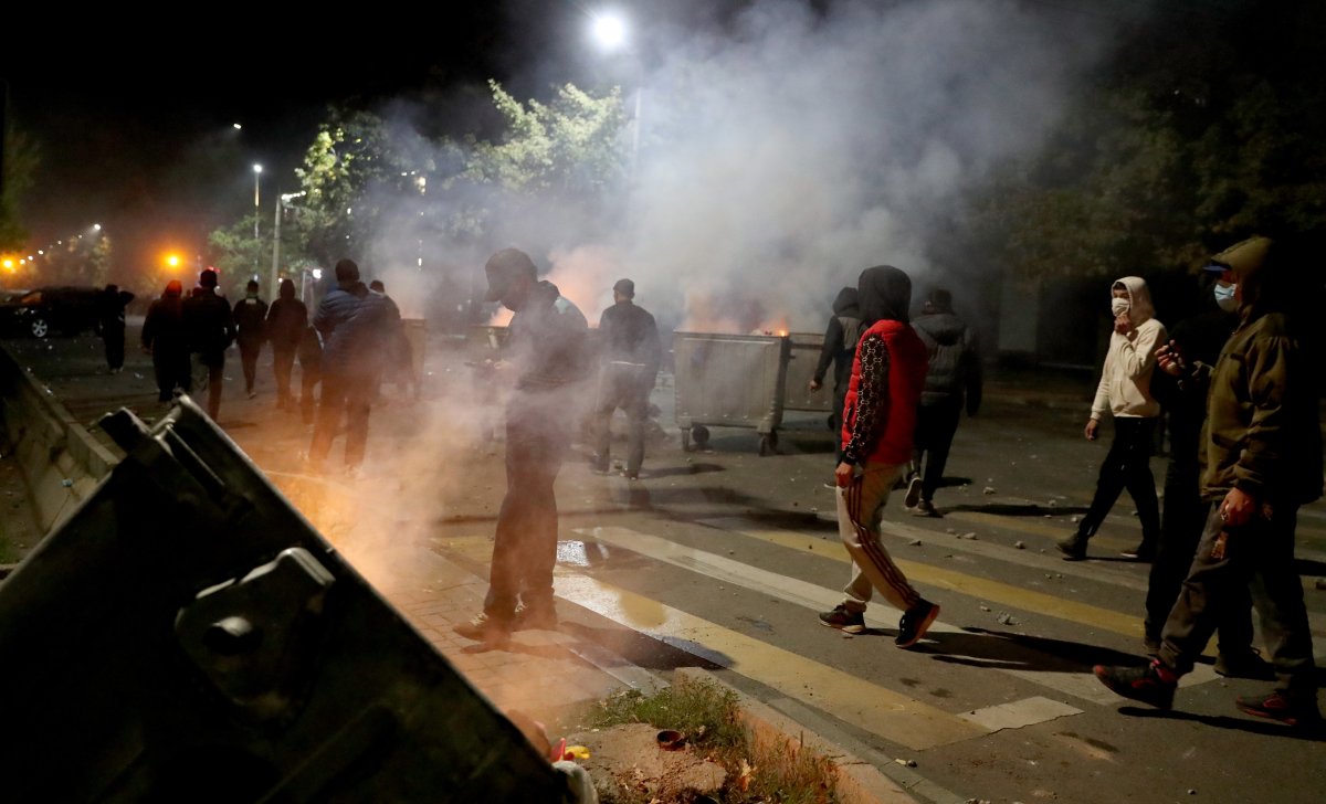 Clashes between Kyrgyz Police and opposition supporters during a protest against the parliamentary election results in central Bishkek, Kyrgyzstan, 05 October 2020. According to reports, thousands of protesters took to the streets protesting against results of parliamentary elections claiming that they were rigged.  