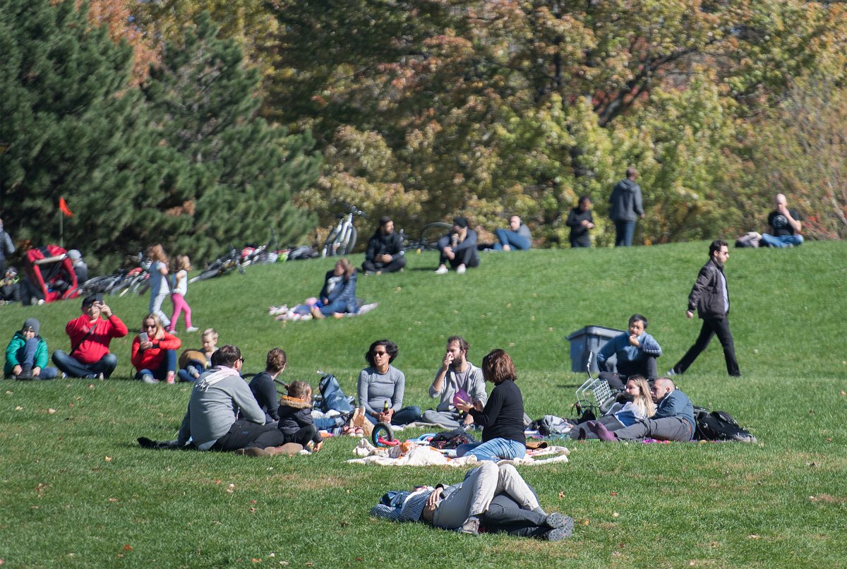 People gather in Mount Royal Park in Montreal, Monday, October 12, 2020, as the COVID-19 pandemic continues in Canada and around the world. 