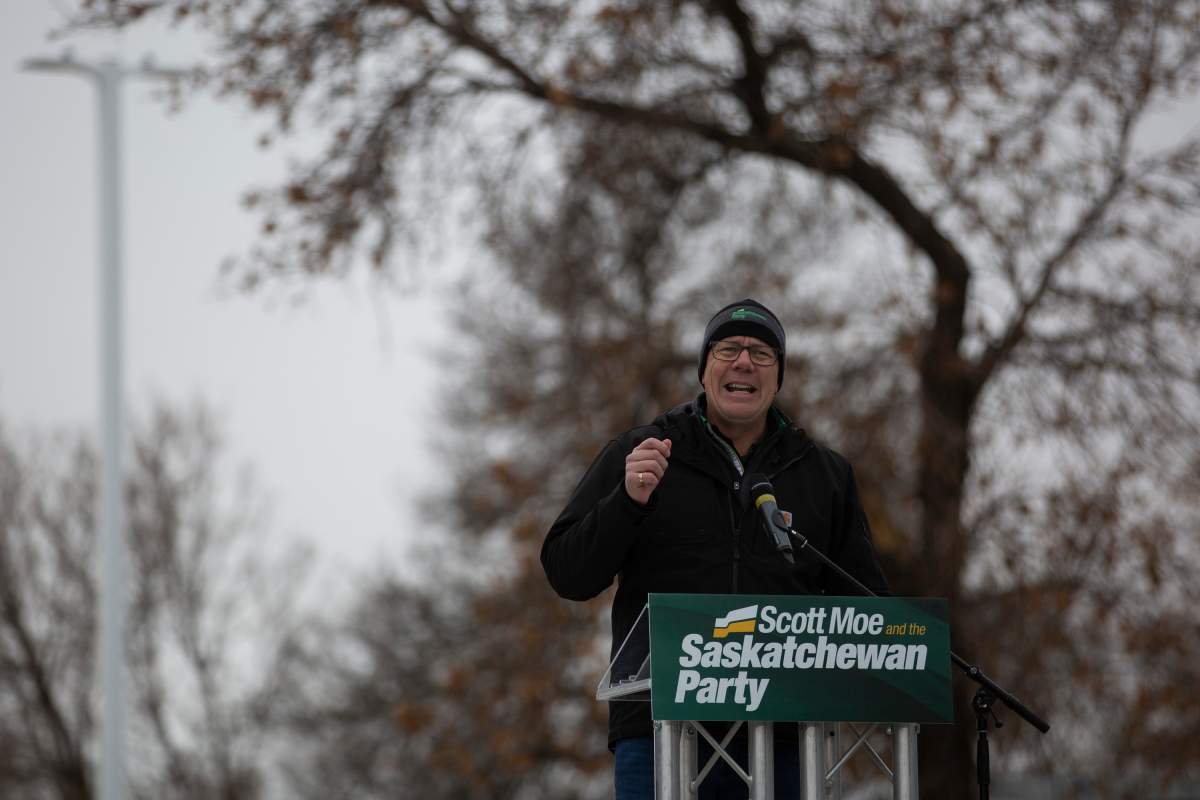 Saskatchewan Party Leader Scott Moe speaks to a crowd of supporters during ‘The Big Honkin’ Rally for a Strong Saskatchewan event at Prairieland Park in Saskatoon on Friday, Oct. 23, 2020. THE CANADIAN PRESS/Kayle Neis.