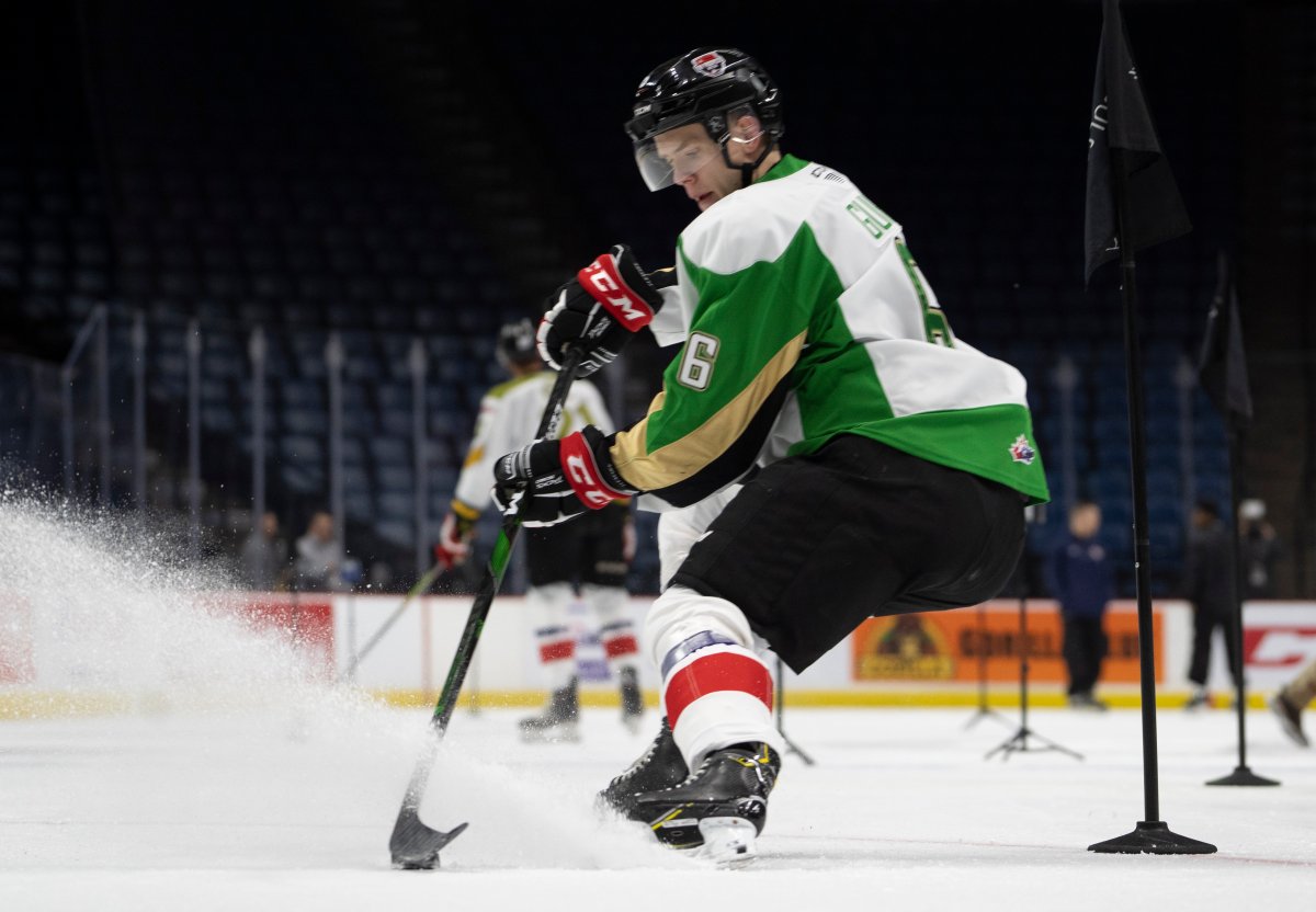 Team white defenceman Kaiden Guhle (6) controls the puck during the Kubota OHL/NHL Top Prospects team white on-ice skills testing in Hamilton, Ont. on Wednesday, January 15, 2020. 