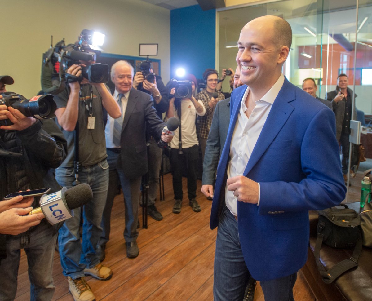 Quebec comedian Guy Nantel speaks to the media after announcing his candidacy for the leadership of the Parti Quebecois Thursday, February 13, 2020 in Montreal.