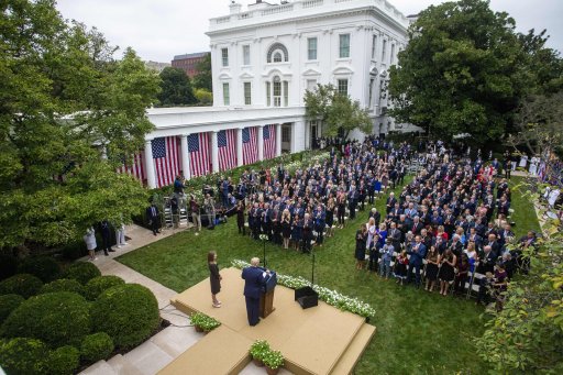 US President Donald J. Trump introduces Judge Amy Coney Barrett as his nominee to be an Associate Justice of the Supreme Court during a ceremony in the Rose Garden of the White House in Washington, DC, USA, 26 September 2020. Judge Barrett, if confirmed, will replace the late Justice Ruth Bader Ginsburg.