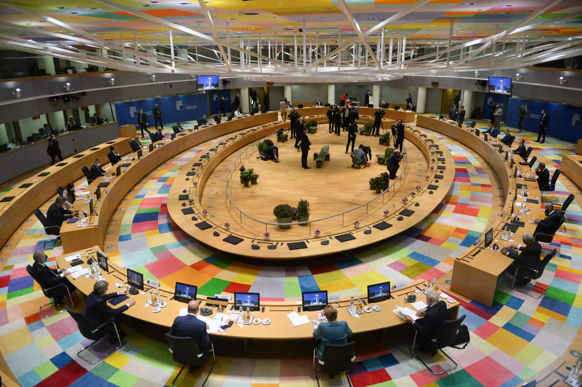 A general view of the round table meeting at an EU summit at the European Council building in Brussels, Thursday, Oct. 1, 2020.