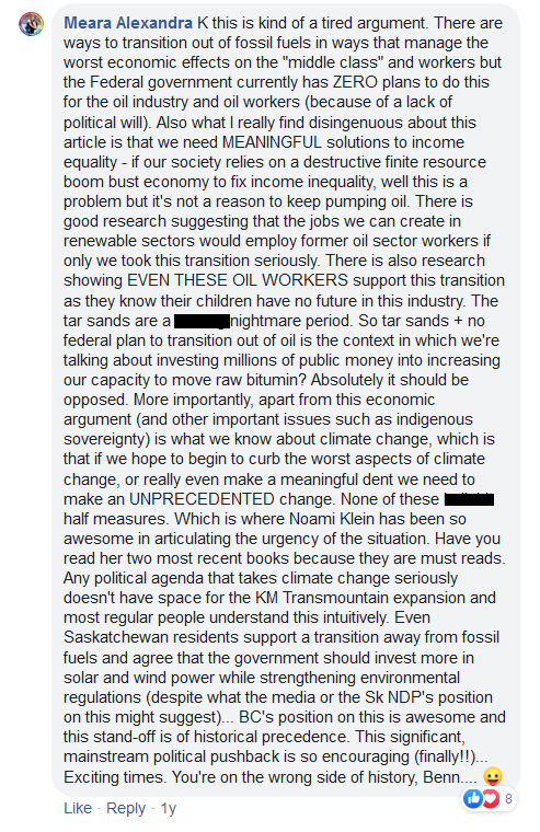The Saskatchewan Party shared this screen capture of a 2018 comment allegedly attributable to Meara Conway’s Facebook page. (Expletives have been censored by Global News.)