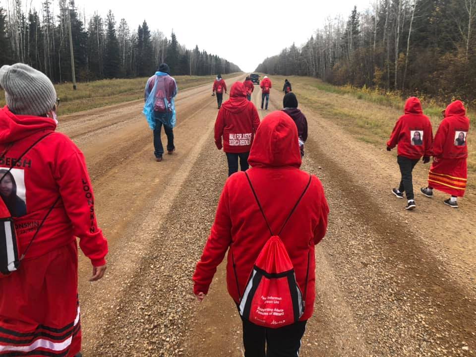 A group from across Alberta marched with determination to the High Level courthouse to be at a court appearance of the man accused of killing Roderica Ribbonleg. 