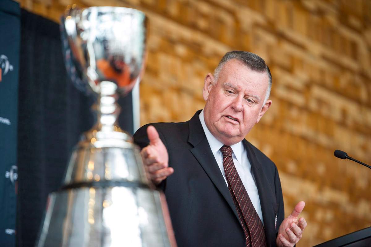 David Braley speaks during a press conference introducing the program of events for the 102nd Grey Cup Festival in Vancouver, B.C., on September 17, 2014.