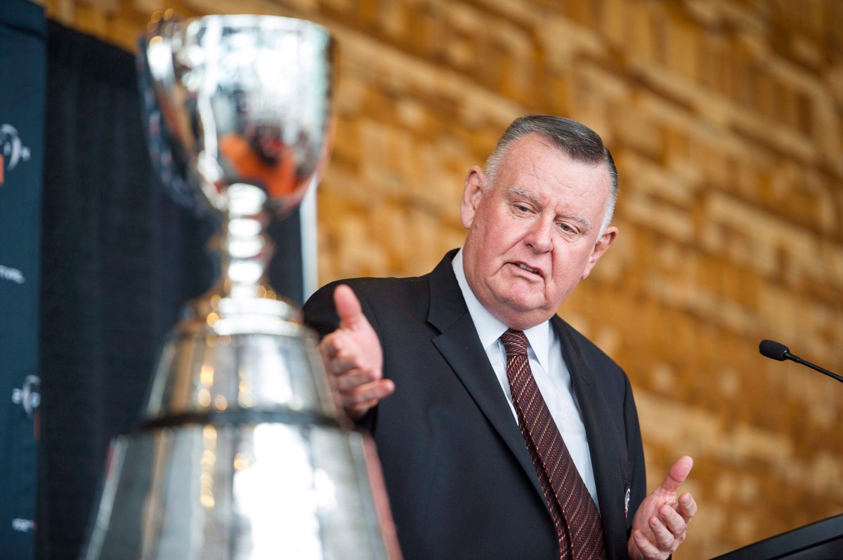 David Braley, the owner of the B.C. Lions Football Club, speaks during a press conference introducing the program of events for the 102nd Grey Cup Festival in Vancouver, B.C., on Wednesday, September 17, 2014. 