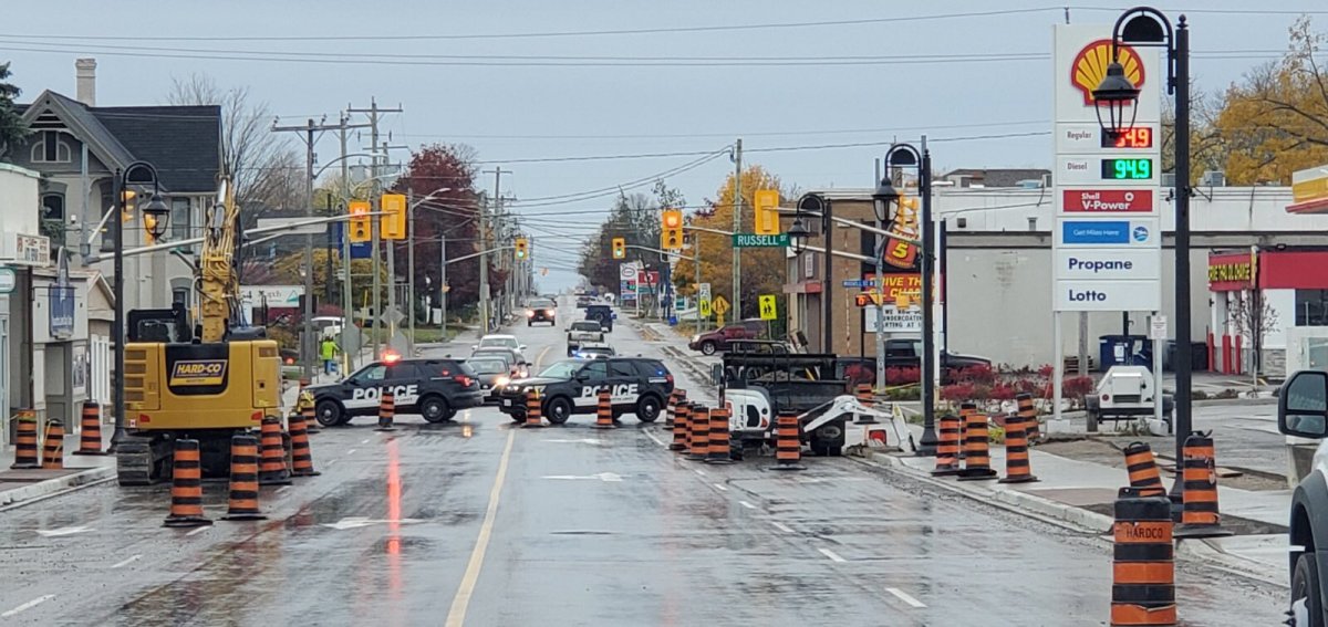 Lindsay Street in Lindsay, Ont., is closed due to a broken gas line.