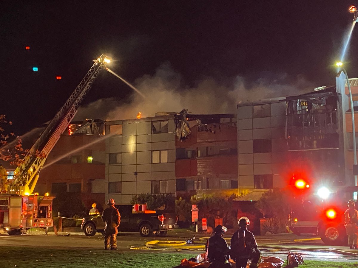 A fire heavily damaged an apartment building on Elm Avenue in Penticton early Tuesday morning. 