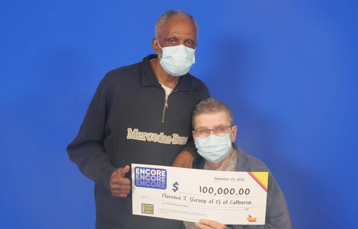 Florence and Gladstone Jackson of Colborne celebrate a $100,000 win in the OLG's Encore draw.