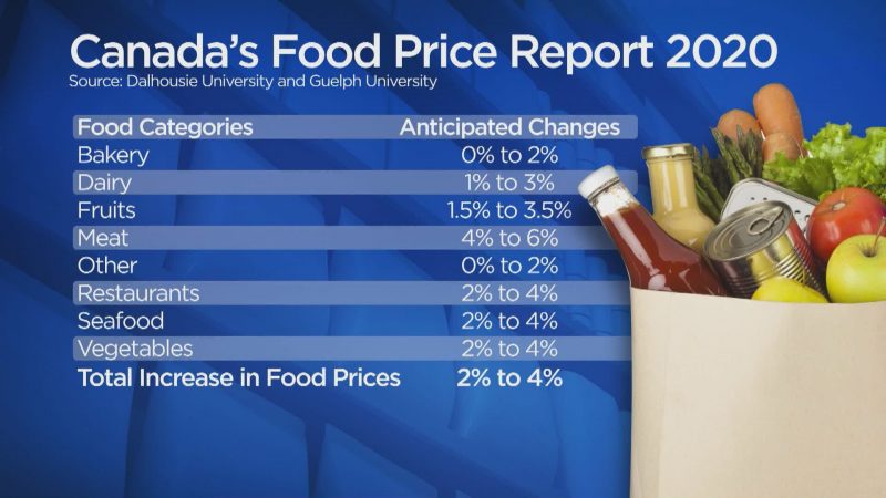 Canada’s Food Price Report 2020 showing a prediction of changes in price for major food categories.