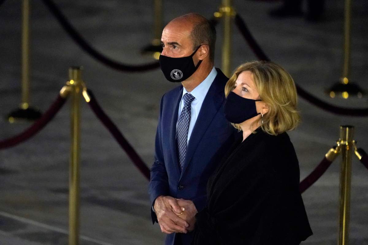 WASHINGTON, DC - SEPTEMBER 23:  Labor Secretary Eugene Scalia and his wife Patricia pay respects as Justice Ruth Bader Ginsburg lies in repose under the Portico at the top of the front steps of the U.S. Supreme Court building  on September 23, 2020 in Washington, DC. Ginsburg, appointed to the high court by President Bill Clinton in 1993, died September 18 of complications due to pancreatic cancer. She was 87. 