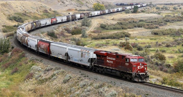 Grain and potash is transported on a Canadian Pacific Railway (CPR) freight train near Medicine Hat, Alberta, Canada on Sept. 10, 2018.