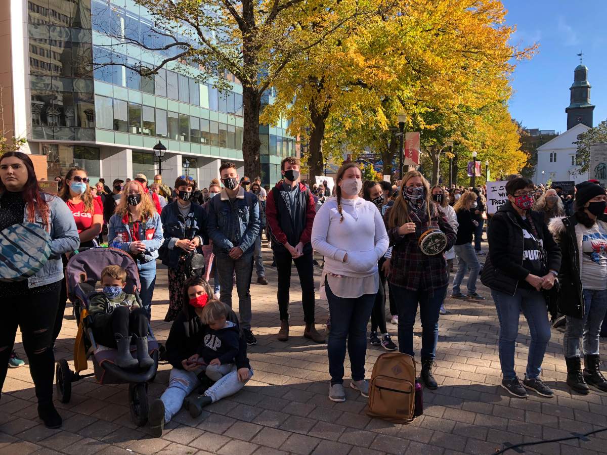 About a thousand people rallied in Halifax's Grand Parade on Oct. 18, 2020, to show their support for Mi'kmaq harvesters exercising their treaty rights on Nova Scotia's southwestern shore. 