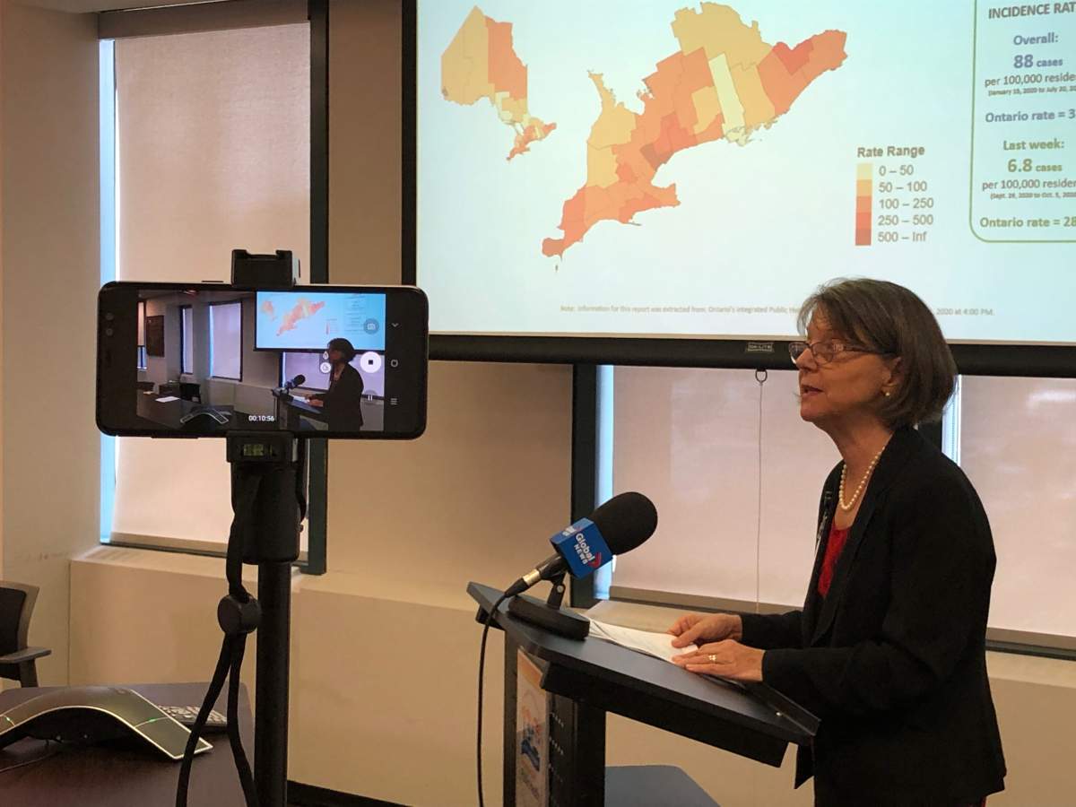 Dr. Rosana Salvaterra, Peterborough Public Health's medical officer of health, speaks to media on Wednesday.