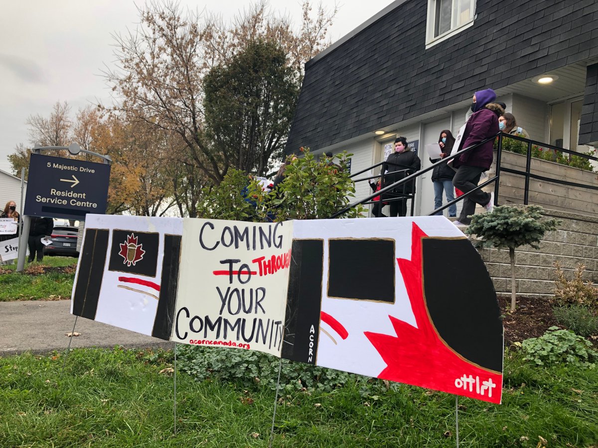 Manor Village residents rallied on Oct. 29, 2020 against a proposal that would see 60 units in the housing complex demolished as part of Stage 3 LRT.
