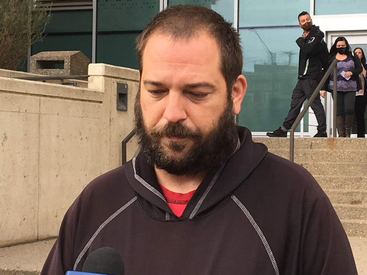 Chloe Wiwchar’s father, Michael Wiwchar, speaks outside the courthouse in Edmonton Monday, Oct. 5, 2020, after lawyer Shane Stevenson pleaded guilty to impaired driving causing death in the April 2018 collision that left 16-year-old Chloe dead.
