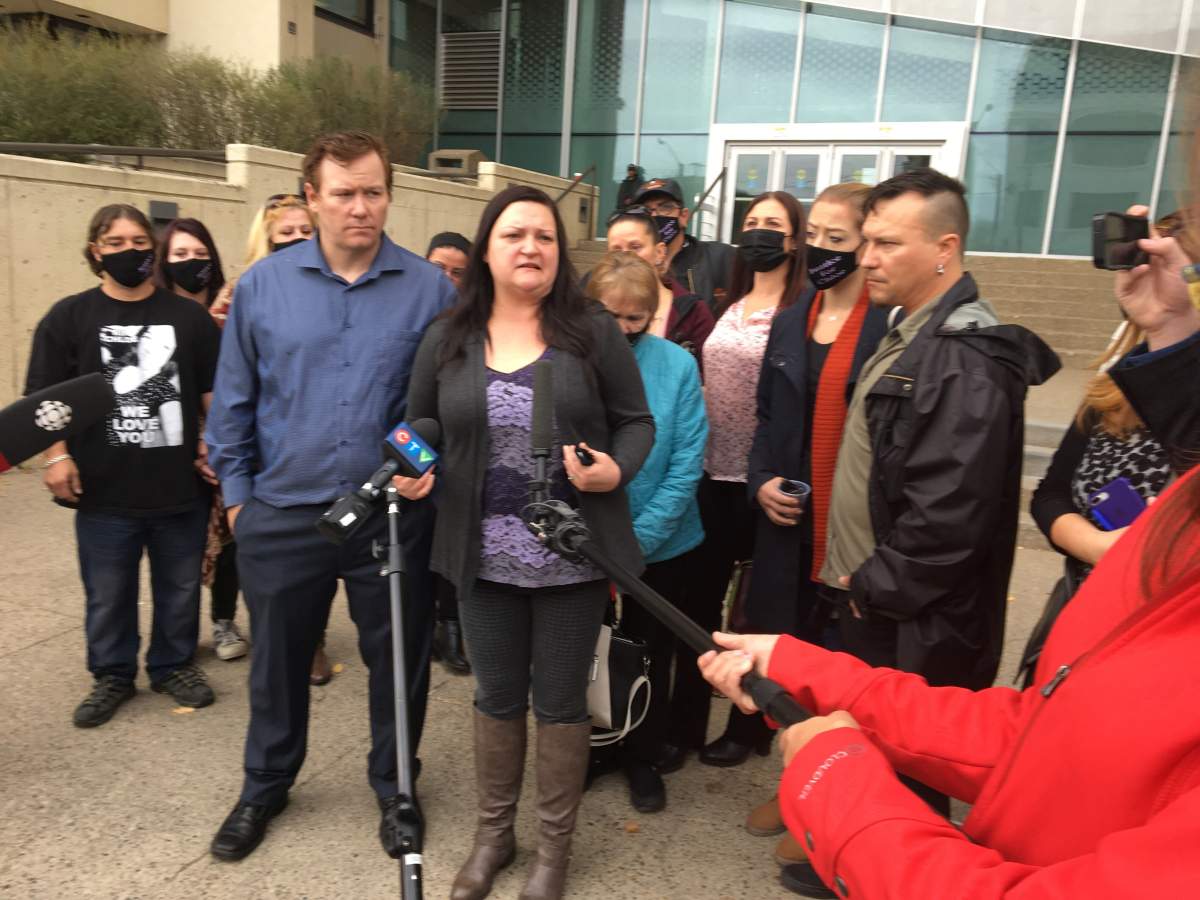 Chloe Wiwchar’s mother, Holly Lucier, speaks outside the courthouse in Edmonton Monday, Oct. 5, 2020, after lawyer Shane Stevenson pleaded guilty to impaired driving causing death in the April 2018 collision that left 16-year-old Chloe dead.