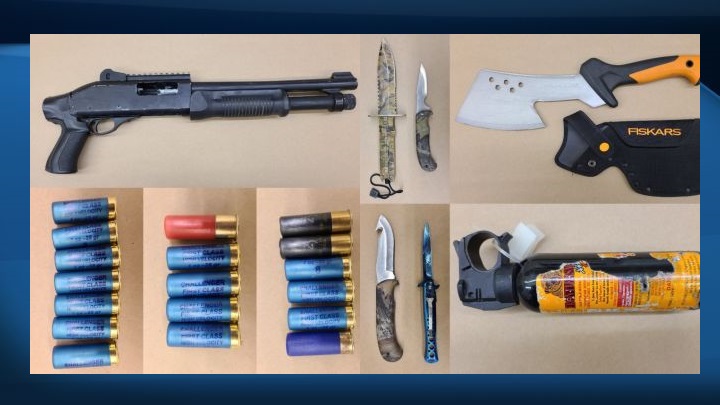 Following an alleged road rage incident on Highway 2, Leduc RCMP said officers searched a vehicle and seized a loaded and prohibited sawed-off pump-action 12-gauge shotgun, knives, bear spray, and identification that officers believe was stolen.