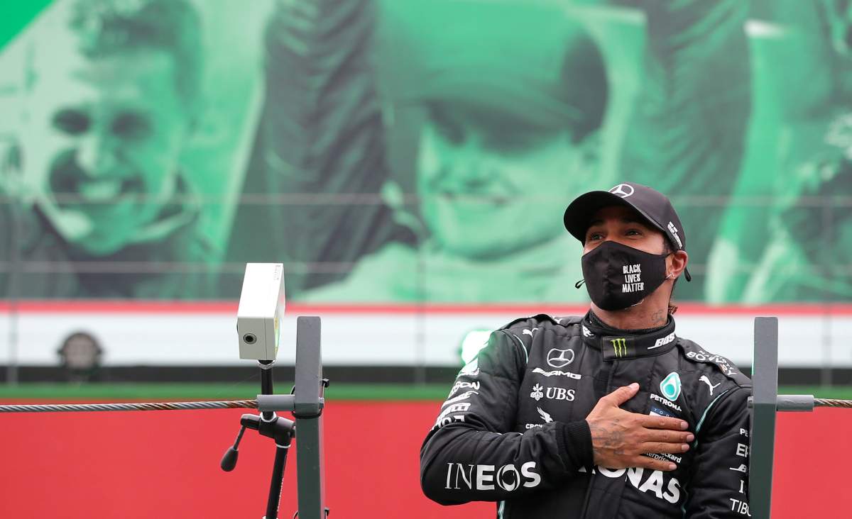 Mercedes driver Lewis Hamilton of Britain after his record breaking 92nd win at the Formula One Portuguese Grand Prix at the Algarve International Circuit in Portimao, Portugal, Sunday, Oct. 25, 2020.