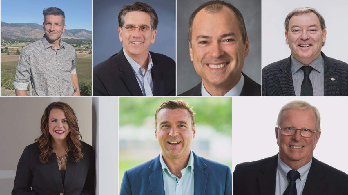 The projected winners of the 7 ridings in the Okanagan, although Eric Foster's lead in Vernon-Monashee (bottom right) is too close to call. 