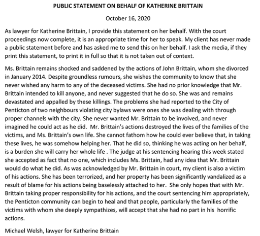 Katherine Brittain’s public statement.