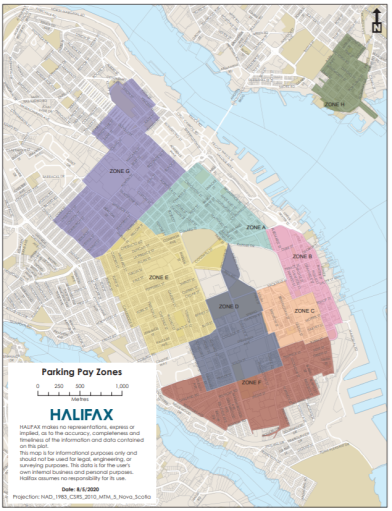 A map of the Halifax Regional Municipality’s parking zones as of October 2020.