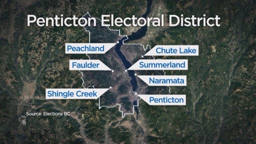 The Penticton electoral district includes the communities of Peachland and Summerland west of Okanagan Lake, and Naramata to the east.