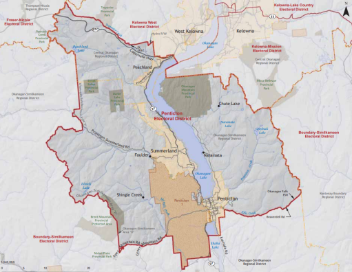 The Penticton electoral district encompasses the communities of Naramata and Chute Lake to the east of Okanagan Lake, as well as Summerland and Peachland to the west.