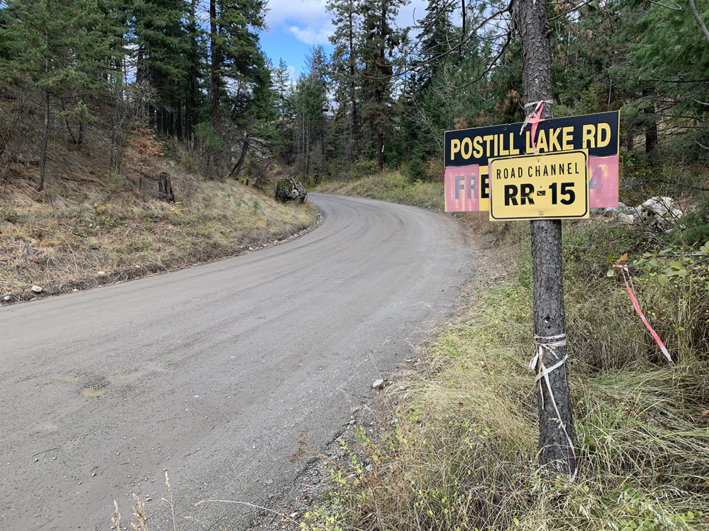 Postill Lake Road in Kelowna. Police say the two dead cattle were found along the gravel portion of Postill Lake Road on Sunday, adding they may have been struck by a vehicle.