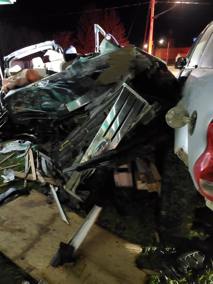 Airbags can be seen deployed in a passenger car involved in a multi-vehicle collision with a home in Sandy Lake, MB on Friday.