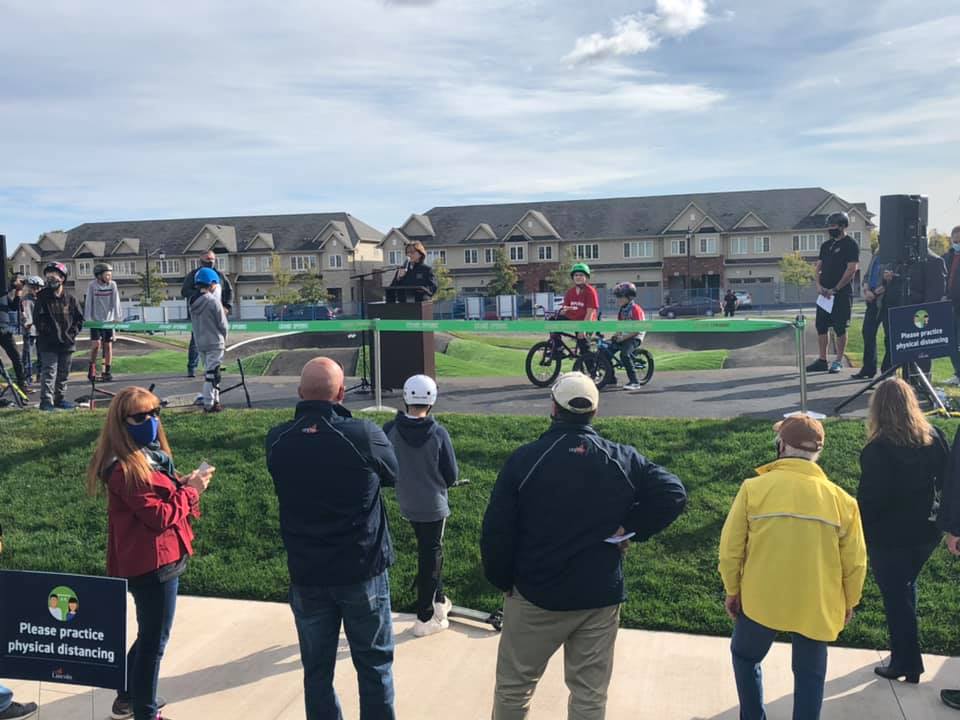 Town of Lincoln Mayor Sandra Easton and other dignitaries opened Beamsville's skatepark and pump track on Saturday.