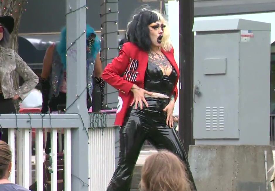An outdoor drag show at Dr. Wilbert McIntyre Park in south Edmonton’s Old Strathcona area in July 2020.