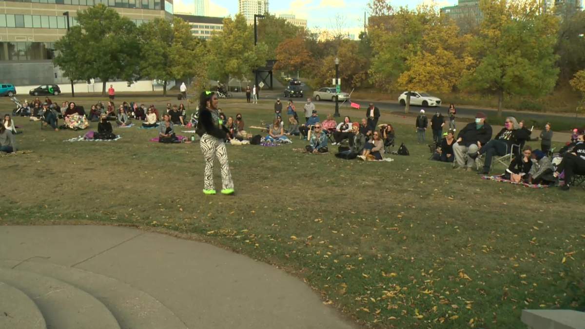 An outdoor drag show at Constable Ezio Faraone Park in central Edmonton, Alta. in September 2020.