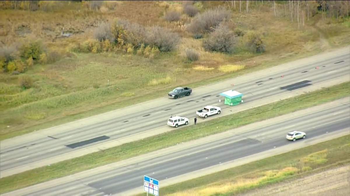 Fatal pedestrian collision on Highway 16A near Veterans Way between Spruce Grove and Stony Plain in Parkland County on Oct. 7, 2020.
