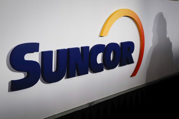 A Suncor logo is shown at the company's annual meeting in Calgary, Thursday, May 2, 2019.