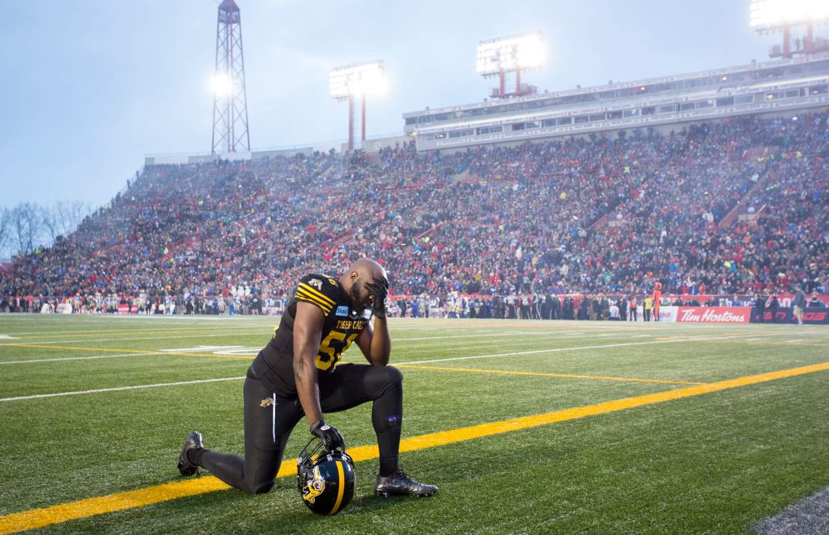 Hamilton Tiger-Cats' Ja'Gared Davis is seen during the 107th Grey Cup in Calgary, Alta., Sunday, November 24, 2019.