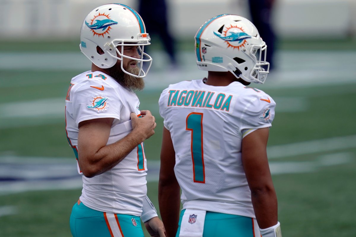 Miami Dolphins quarterbacks Ryan Fitzpatrick (14) and Tua Tagovailoa (1) warm up before an NFL football game against the New England Patriots, Sunday, Sept. 13, 2020, in Foxborough, Mass.