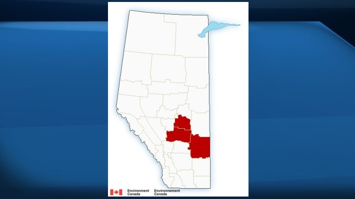 A map of Alberta with areas in red indicating where a wind warning was in effect on Friday night.