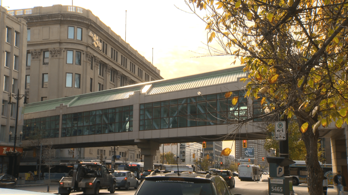 A view of the downtown Hudson’s Bay building looking west on Portage Avenue.