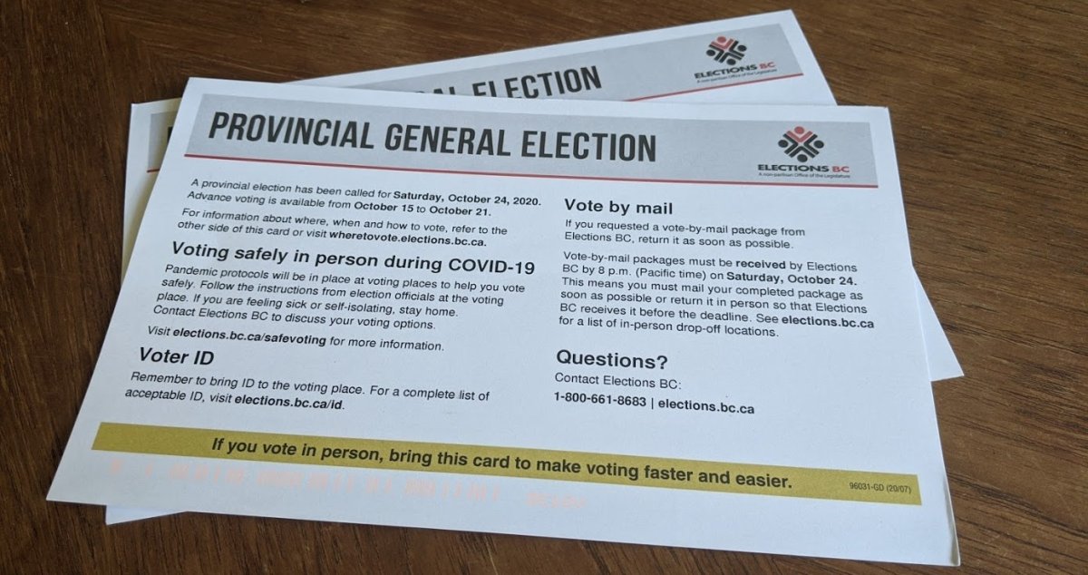 Voter identification cards for B.C.'s 2020 provincial election are seen in this undated file photo. 
