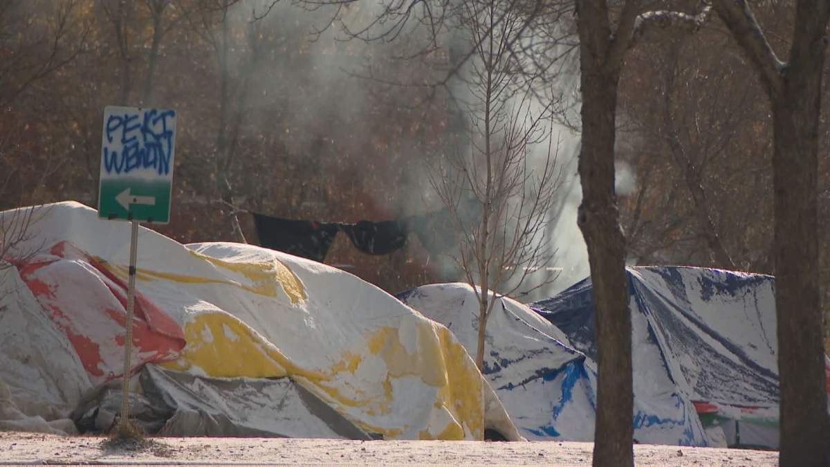 Camp Pekiwewin in Edmonton’s Rossdale neighbourhood on October 23, 2020.