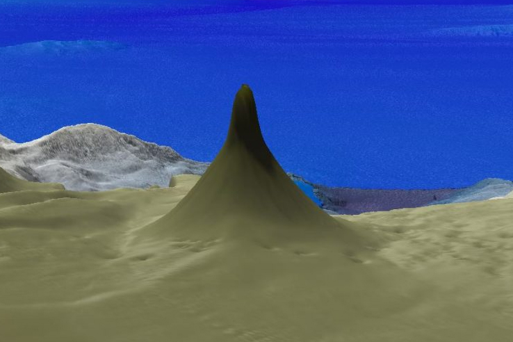 This 3D map image shows a coral tower underwater off the coast of Queensland, Australia.