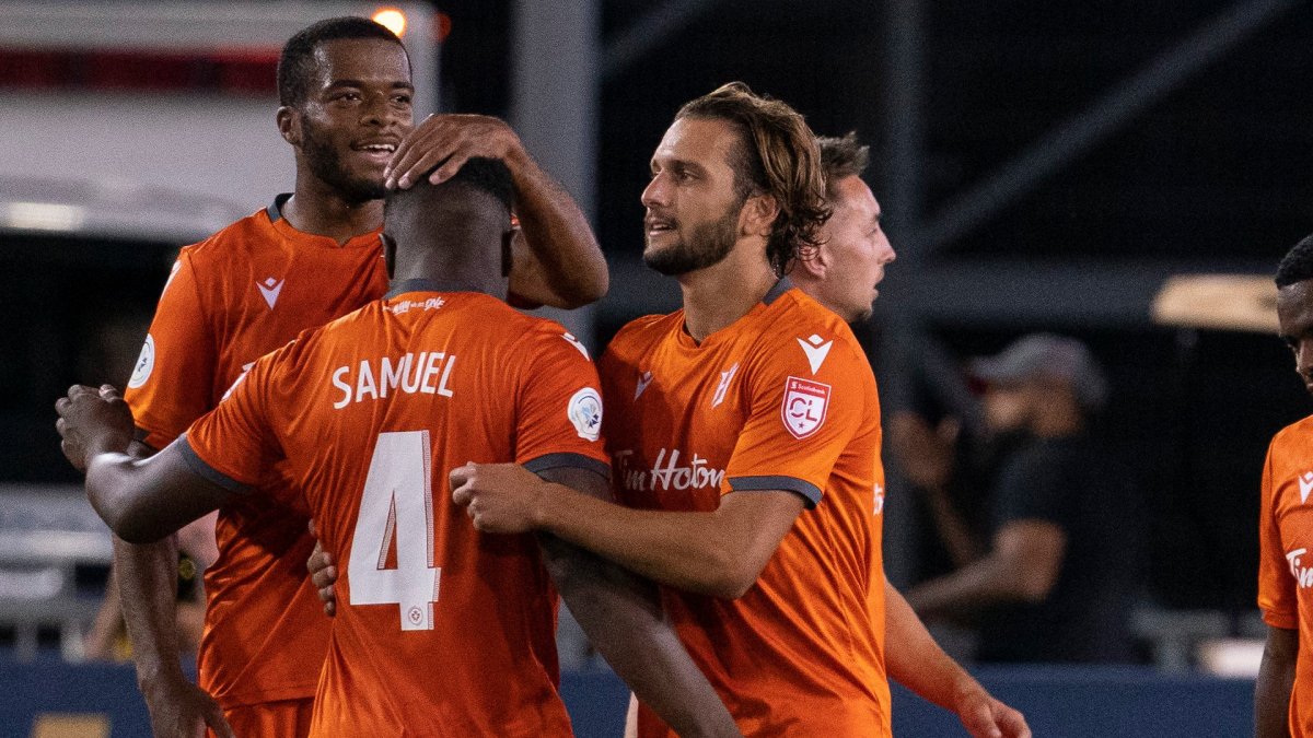 Hamilton Forge FC players celebrate their win over CD Olimpia's during Scotiabank CONCACAF League 2019 action in Hamilton on Thursday, August 22, 2019. THE CANADIAN PRESS/Peter Power.