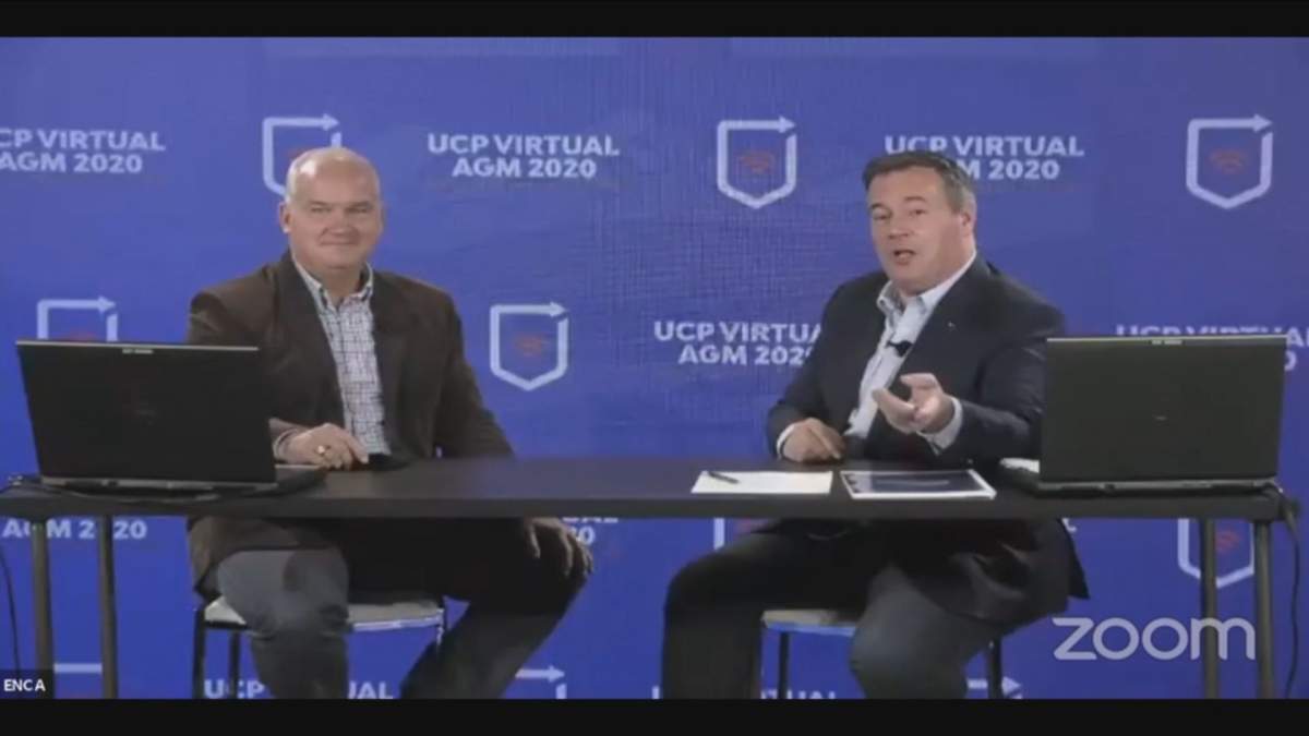 Federal Conservative Leader Erin O'Toole sits with Alberta Premier Jason Kenney during a livestream on Saturday, Oct. 17, 2020. 