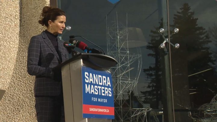 Sandra Masters speaks outside of Regina city hall ahead of the 2020 municipal election.