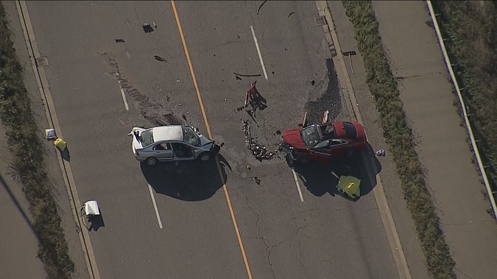 An aerial photo of the fatal two-car collision on McLaughlin Road South in Mississauga.